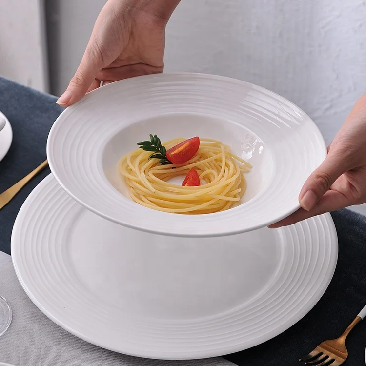 

White round wholesale besteck porzellan geschirr vajilla moderna ceramic spaghetti dish soup salad porcelain pasta plates