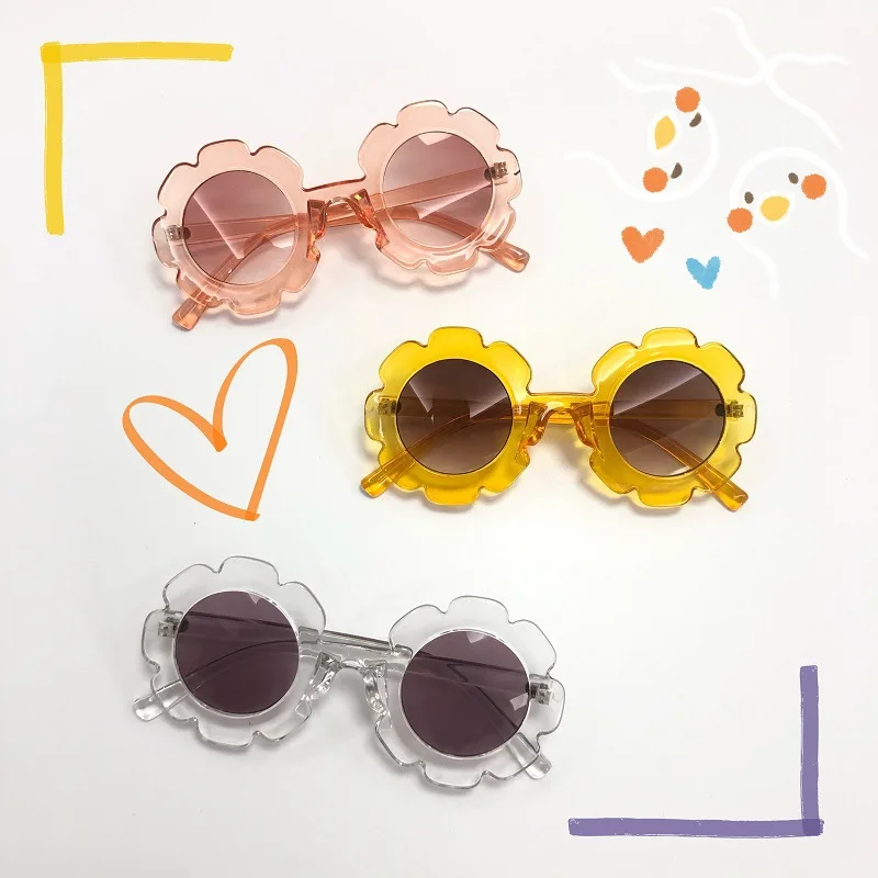 

New Sunflower Children Sunglasses Cute Baby Comfortable Candy Color Sunglasses Round Frame Flower Glasses, As picture