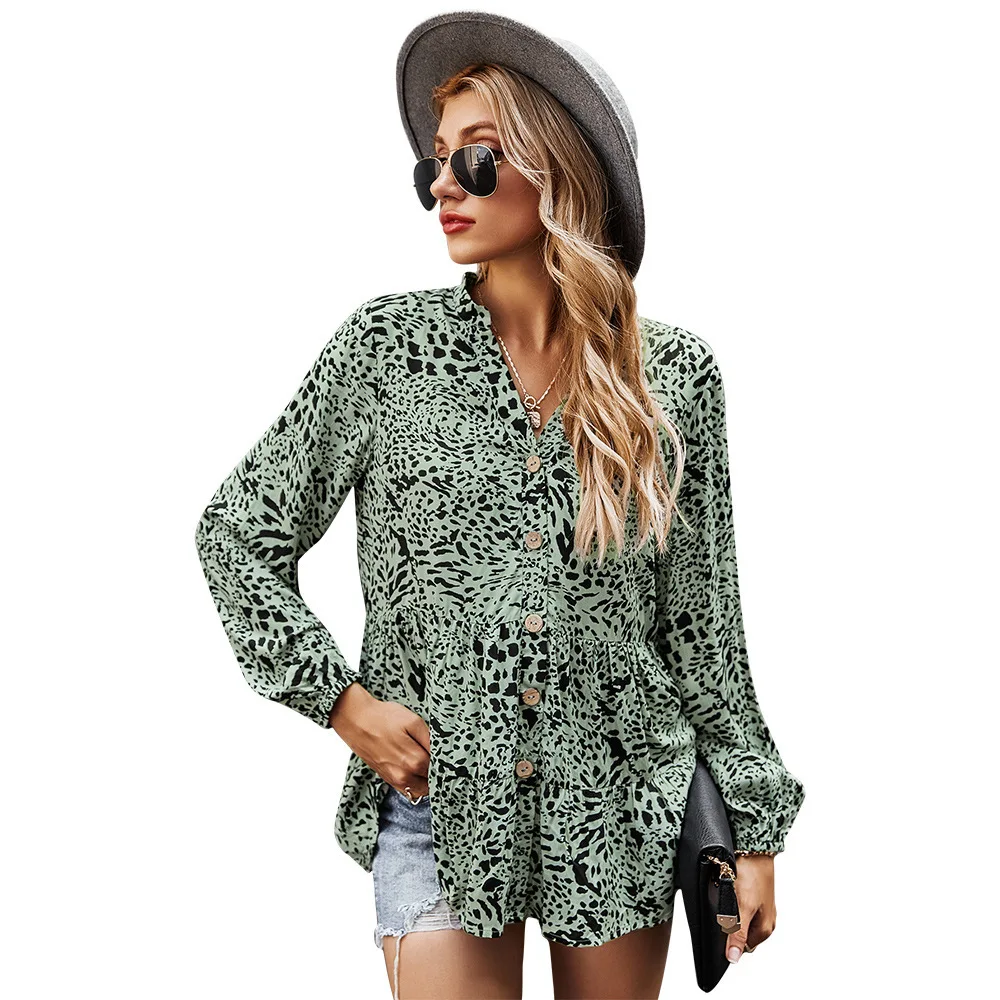 

2021 spring and summer women's V-neck floral shirt printed blouse women