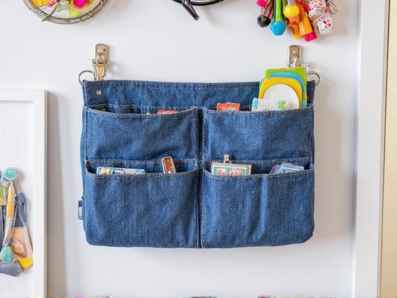 Denim pocket organizer hanging on wall with craft supplies