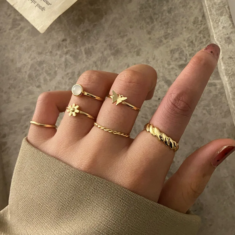 

2021 Creative Simple 6pcs Butterfly Ring Set Golden Stacking Crystal Ring Set