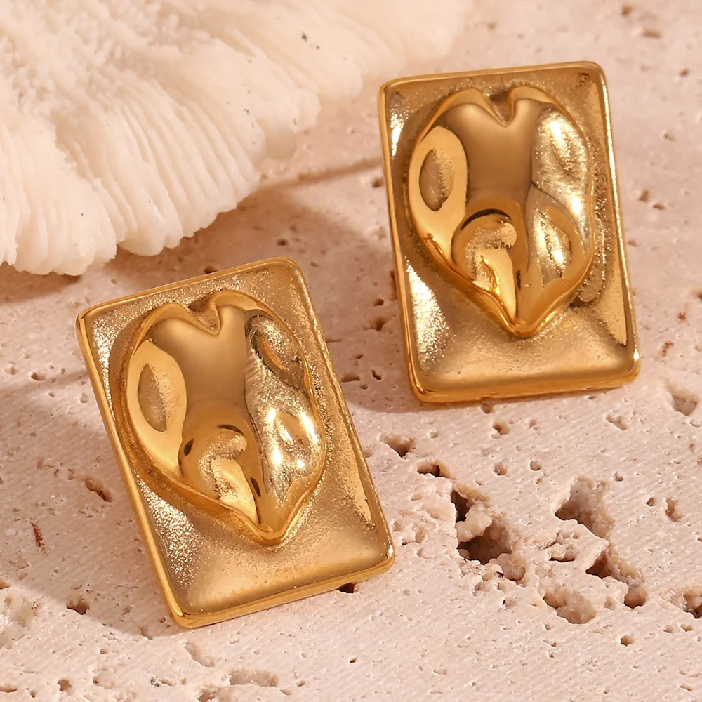 Christmas Earrings Square Engraved Heart Earring Gold Plated Stainless Steel Stud Earring joyeria de acero inoxidable