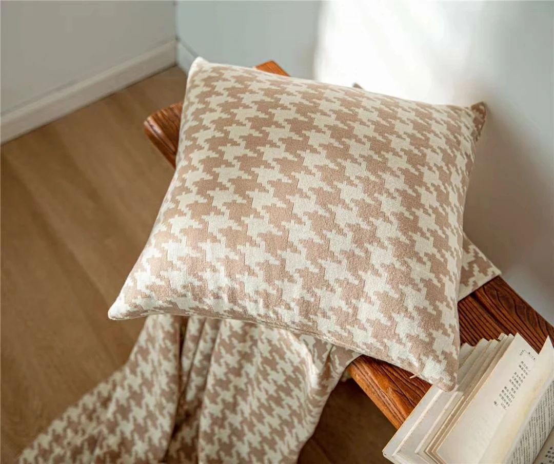 ASG Home Decoration Weight Geometric Plaid Cotton Houndstooth Knitted Jacquard Throw Cushion Cover PillowCase Blanket factory