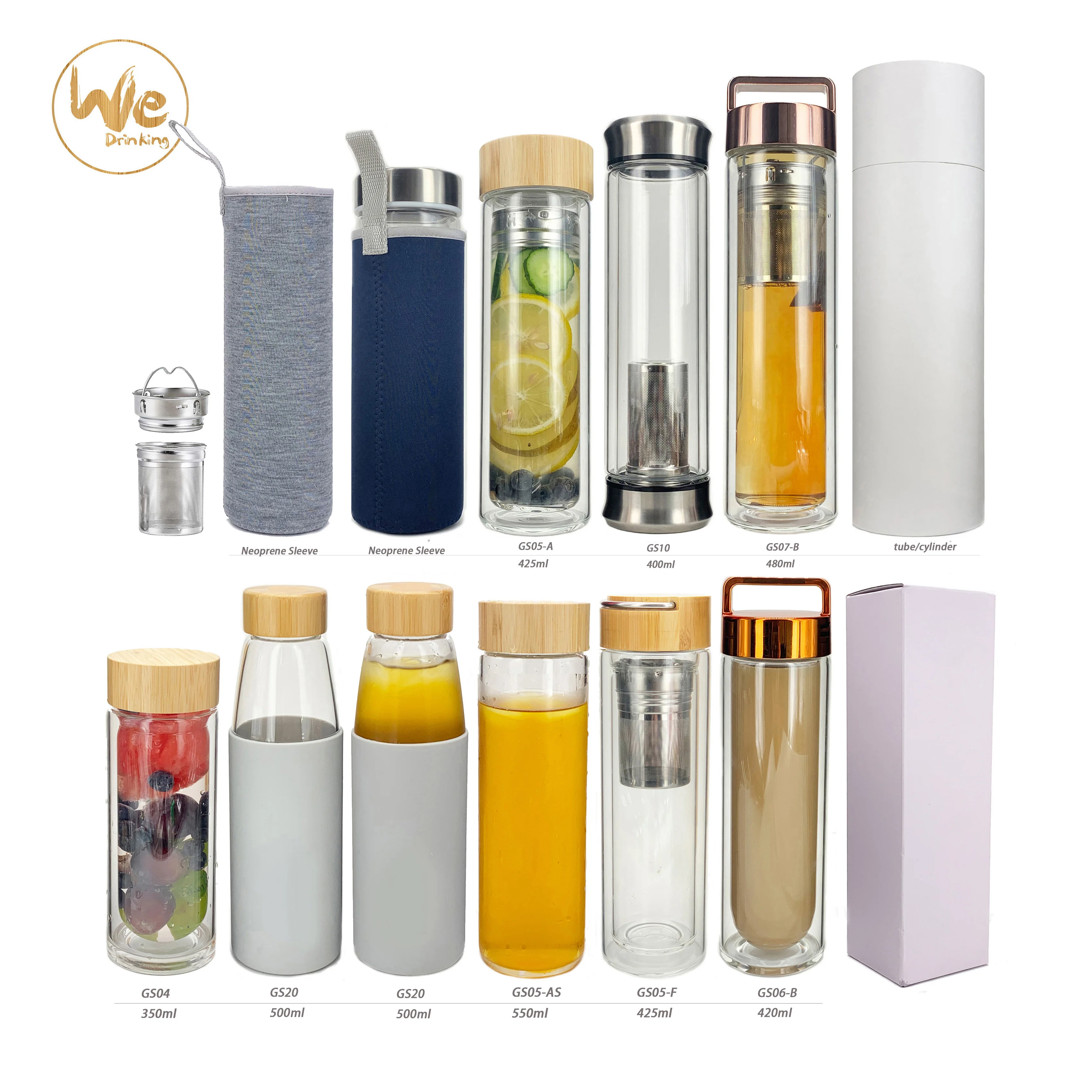 BPA-FREE Tea Fruit Infuser Borosilicate Glass Bamboo Water Bottle with Strainer for Loose Leaf and Detox