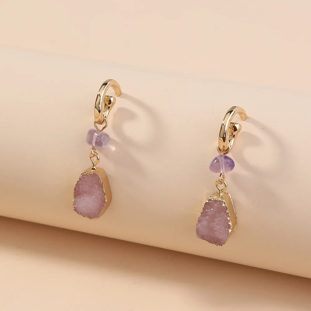 

Statement Rose Quartz Jewelry Studded Earrings Fashion Pink Imitations Natural Stone Long Drop Earrings Women Wholesale