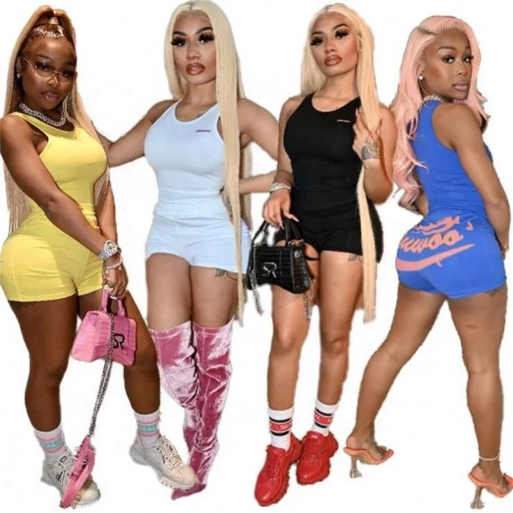 

High Quality Sexy Ladies Jogging Tracksuit Print Tank Top Shorts Summer Women Activewear Two Piece Set, Picture shown