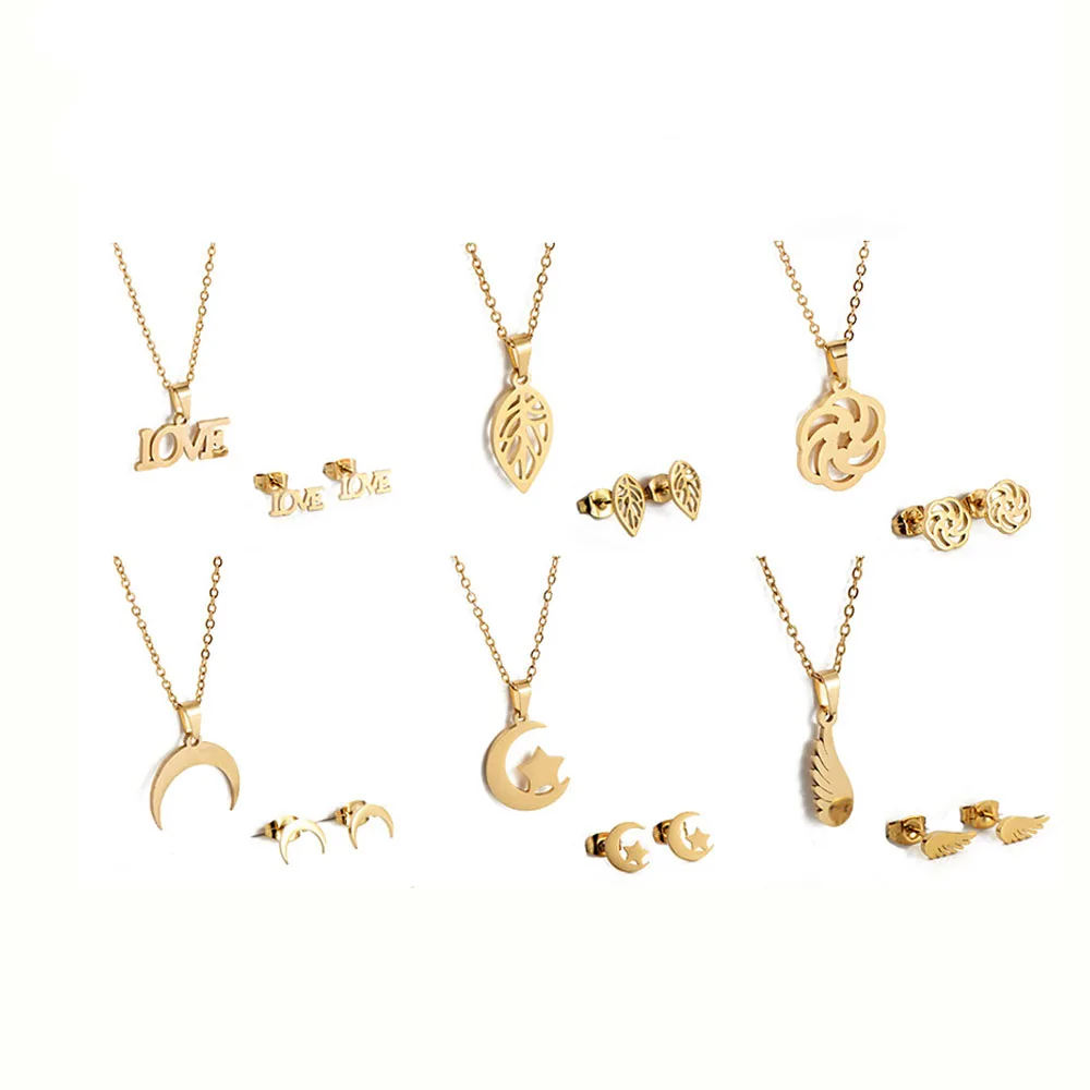 

High Quality Dubai Gold Plated Stainless Steel Heart Shape Pendant Necklace Earrings Jewelry Set For Women