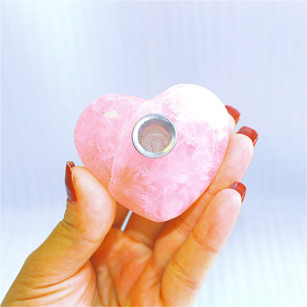 

Wholesale Gemstone Pink Heart-Shaped rose Crystal Quartz Smoking Glass Pipe