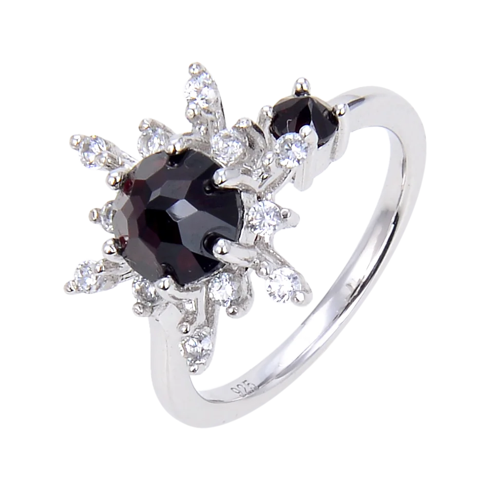 

Abiding New Designs Natural Black Garnet Gemstone Flower Shape 925 Sterling Silver Rhodium Plated Engagement Rings Jewelry Women