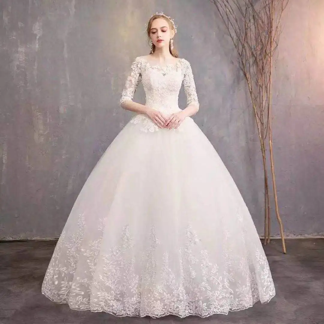 

Fashion O-neck half sleeve lace bride wedding dress newest style elegant bridal dress Vestido de boda