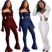 

SA3416 stylish flare pants and long sleeve crop top two piece outfits for women