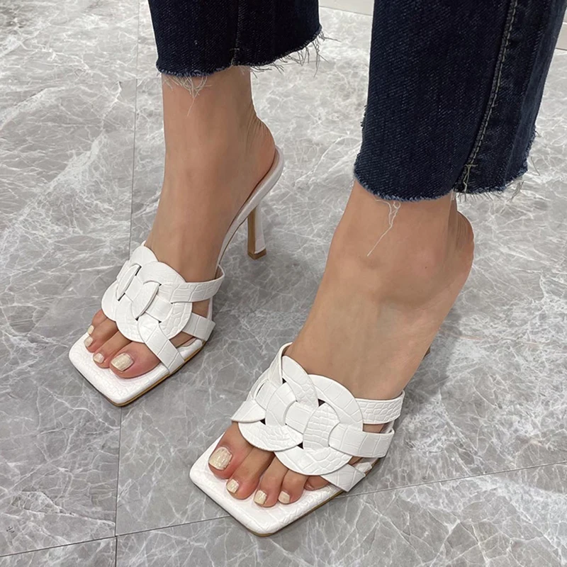 

2021 Summer Sandals Women Shoes Fashion Concise Classics Pleated Slides Solid Outside Spike Heels Shallow Peep Toe Golden 35-41, Black white apricot