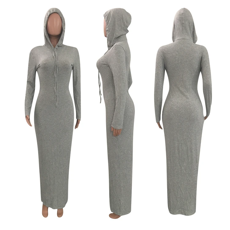 Lowest Price Fashionable Casual Long Dress Hooied Solid Color Long Sleeve Dress Women Dresses Ladies