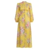 Button front Yellow linen Maxi dress Elastic cuff gathered blouson sleeve casual print women dresses plugs size