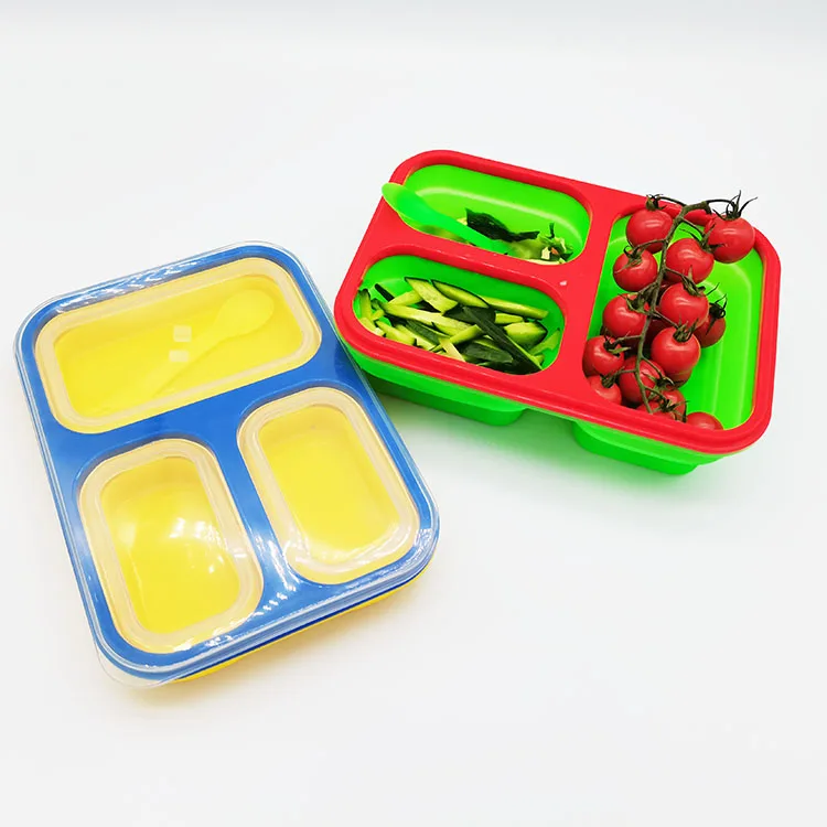 

Collapsible Food Grade Silicone Durable Microwave Lunch Box 3 Compartment food Storage Container, Colors