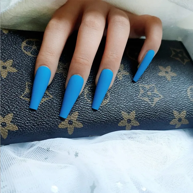 

New 24pcs/box Long Coffin Ballerina False Nails Press On FingerNails Gradient Blue ABS Artificial Designs Nail Tips Abs Manicure
