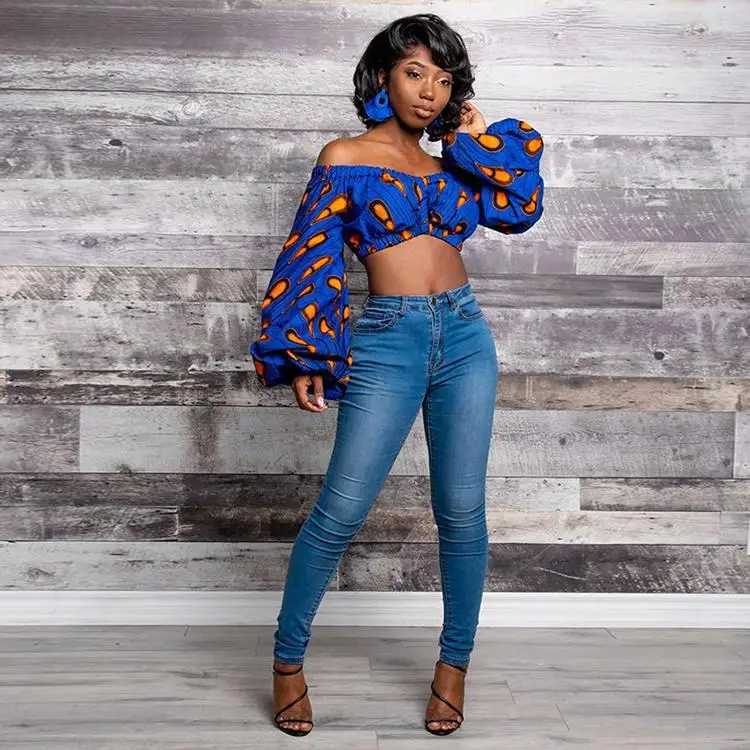 

National Style Printed Boat Neck Puff Sleeve Crop Ladies Blouse Crop Top, Blue,orange