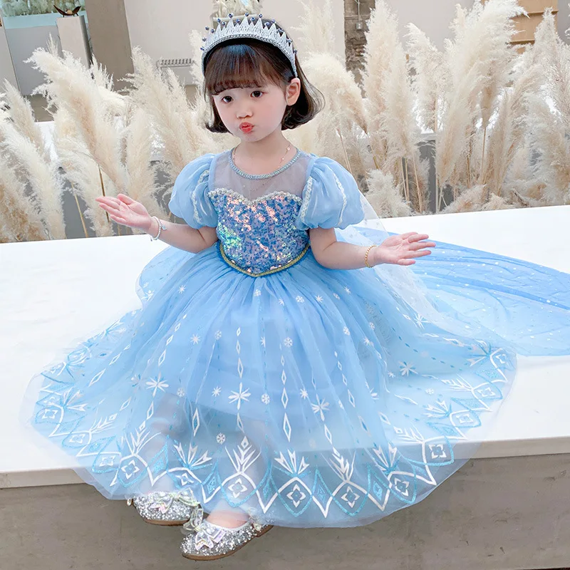 

character costume for part short-sleeved Elsa dress Summer foreign trade girl princess fashion Children's Day costume with cloak, Blue ,white