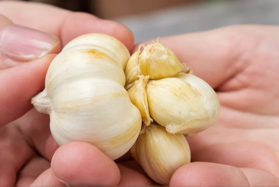 Close-up of garlic cloves next to measuring spoons showing 1 clove equals 1.5 teaspoons minced