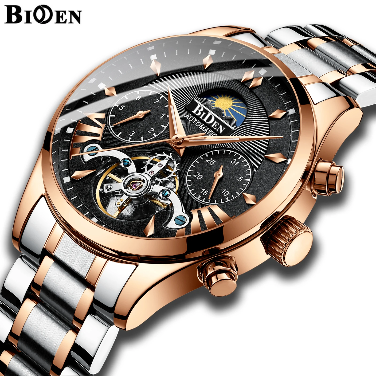 

BIDEN Tourbillon Mechanical Watch Men Luxury Brand Stainless Steel Men Automatic Skeleton Watch Male Clock relogio masculino