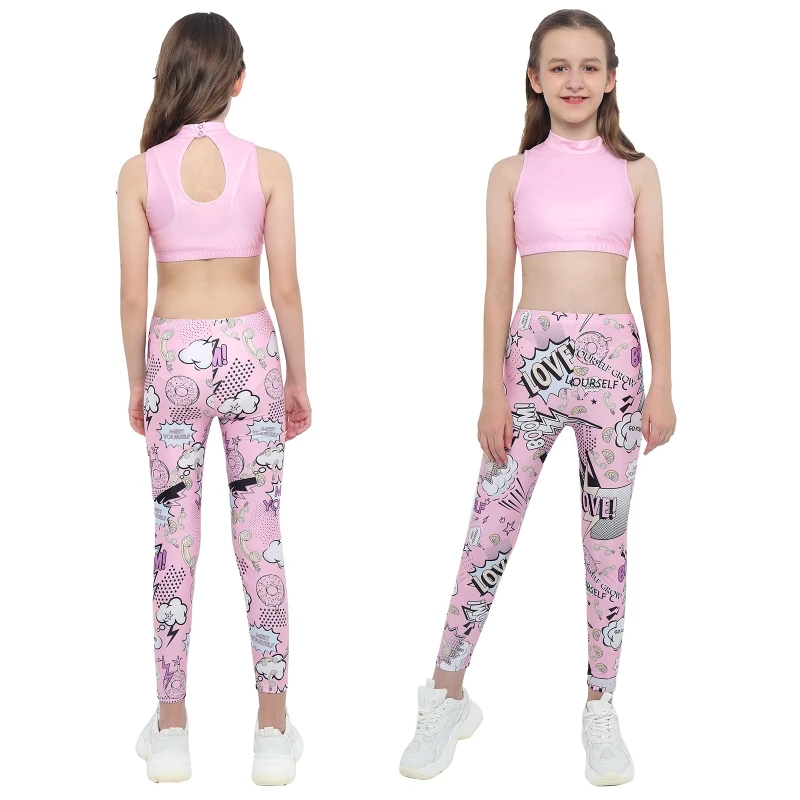 

Kids Girls Print Sport Suit Stand Collar Sleeveless Crop Tops with High Waist Yoga Legging Fitness Workout Set