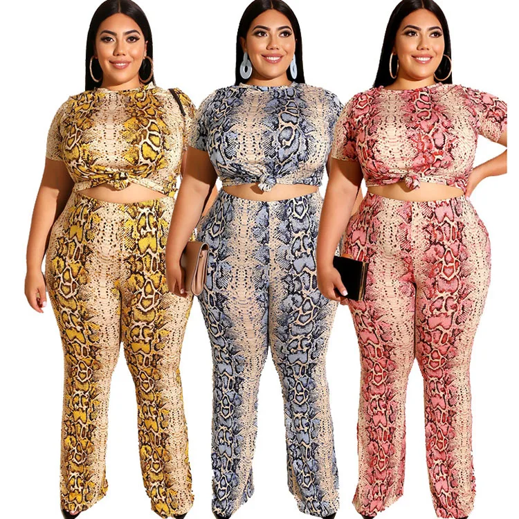 

The Newest Exquisite Leopard Grey Over Shoulder Half Sleeve Two Piece Set Women Sexy Plus Size Women 2021 Clothing