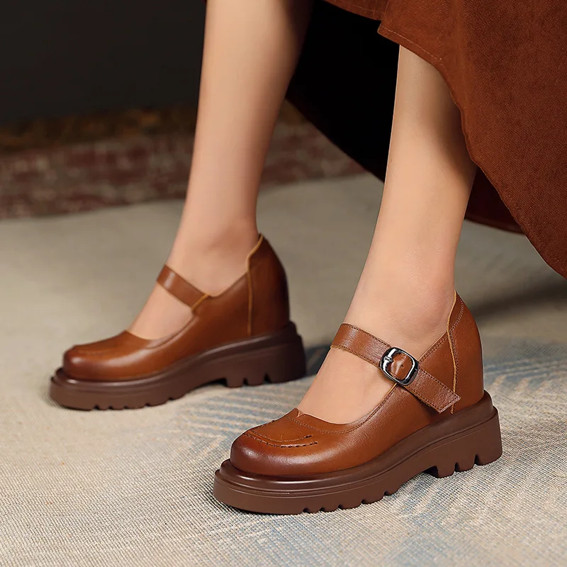 

Round Head Square Toe Chunky Thick Sole Spring Autumn Genuine Leather Buckle Strap Pure Solid Color High Heels