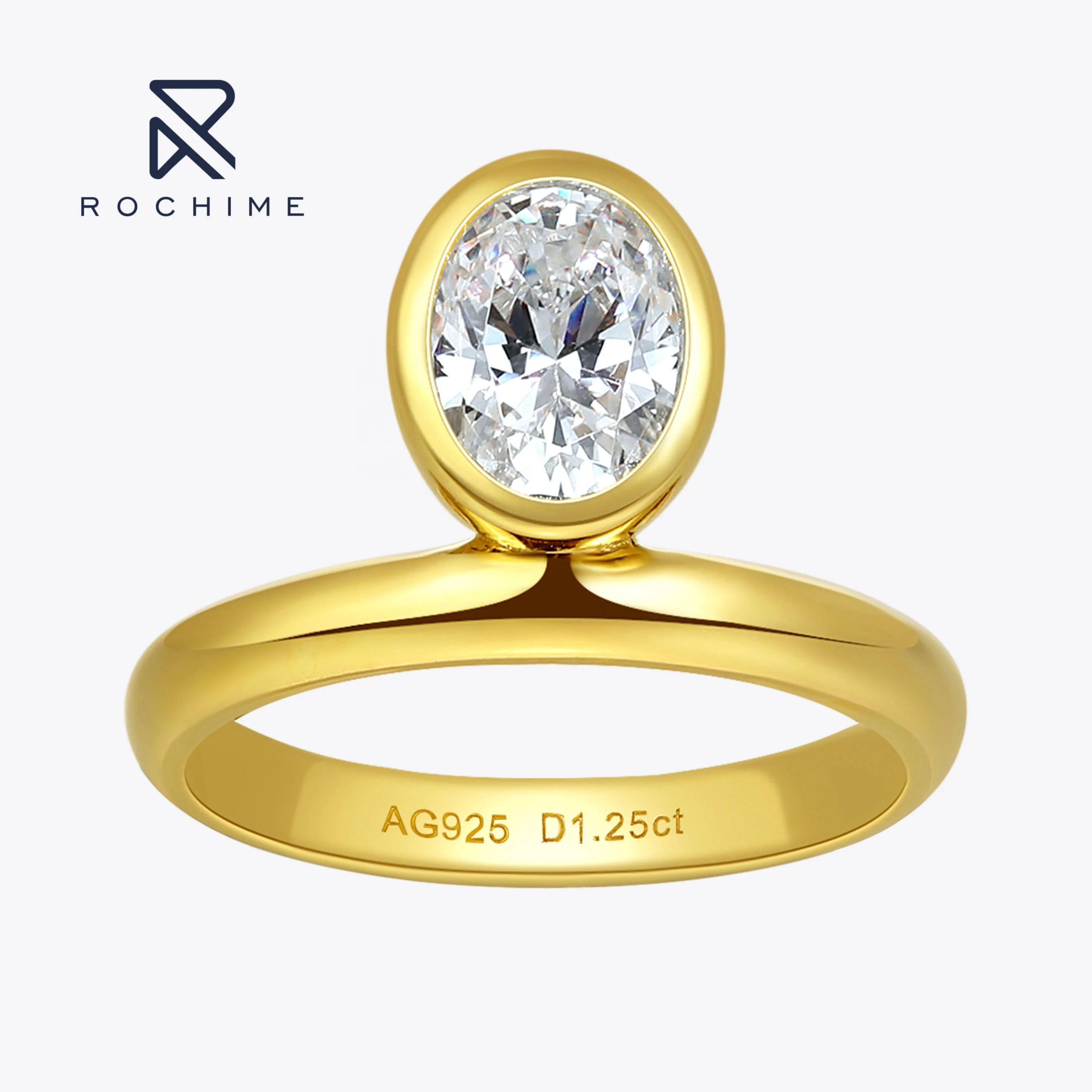 Rochime 18k Gold Plated  Simple Oval Cut Diamond Finger 925 Silver High Jewelry Zircon Gemstone Women Ring