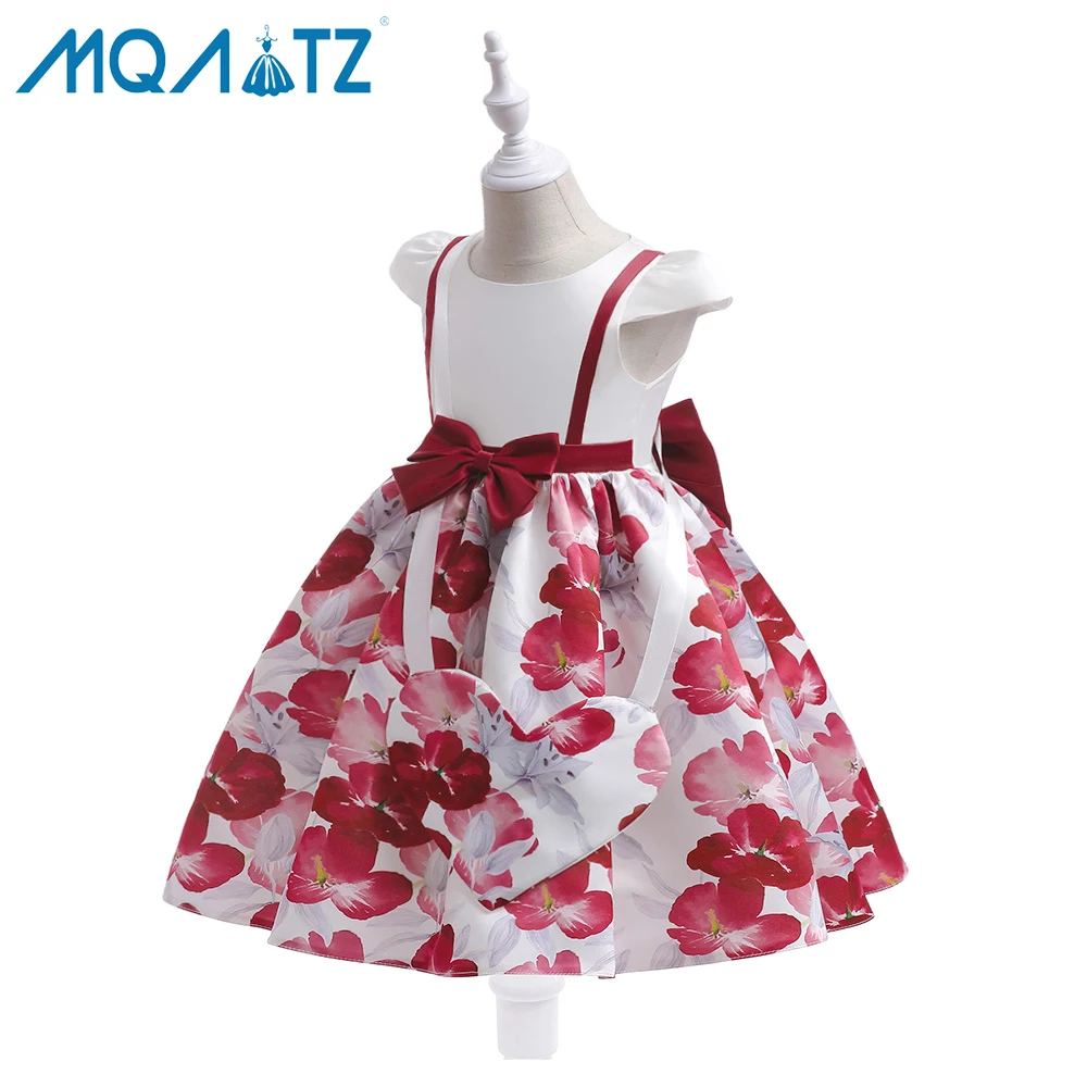 

MQATZ hot sale girl red party dress with free bag 4-7 year princess kids bow party flower print dress gown L5518