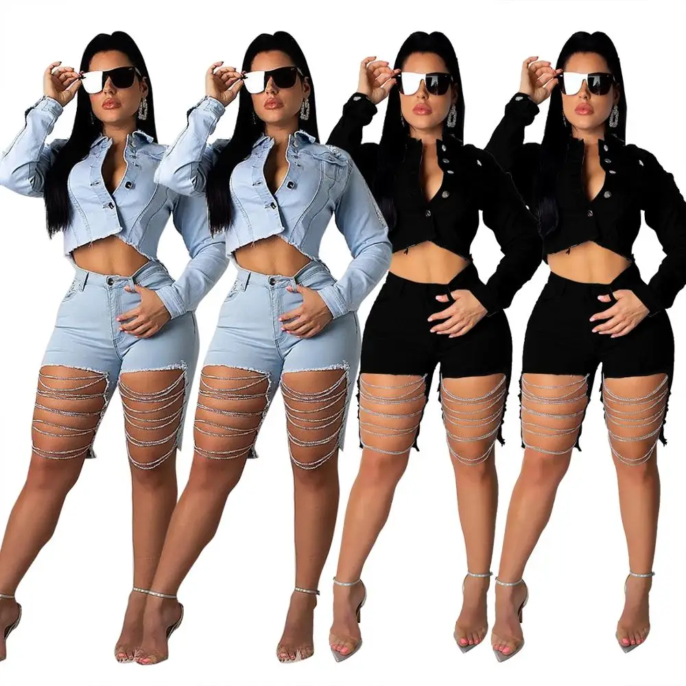 

MN237 New fashion women's shredded chain design and knee jeans