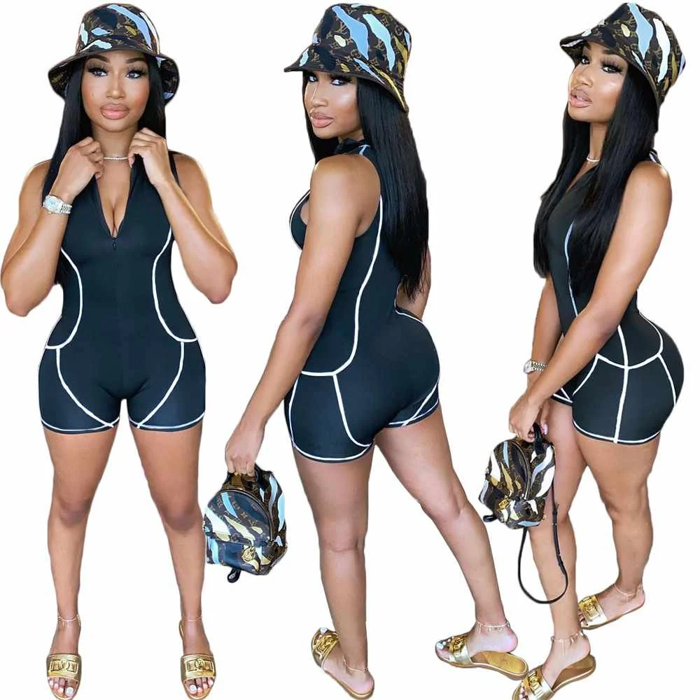 

New Arrivals Track Suits Shorts Women Zip Up Sleeveless Stripped Jumpsuits