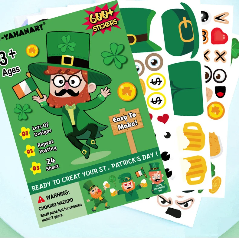 

Irish Festival Patricks Day Make Your Own Stickers Decorative Leprechauns Face for Kids Mix and Match Shamrock Sticker