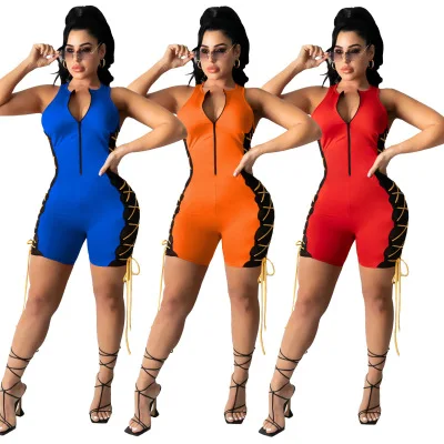 

2021 new fashion ladies short jumpsuit summer ladies sleeveless side bandage bodysuit ladies O-neck zipper jumpsuit