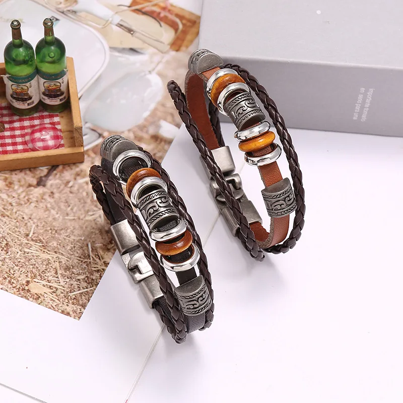 

Vintage Weave Around Charms Custom Layered Bead Leather Wrap Band Bracelet For Women