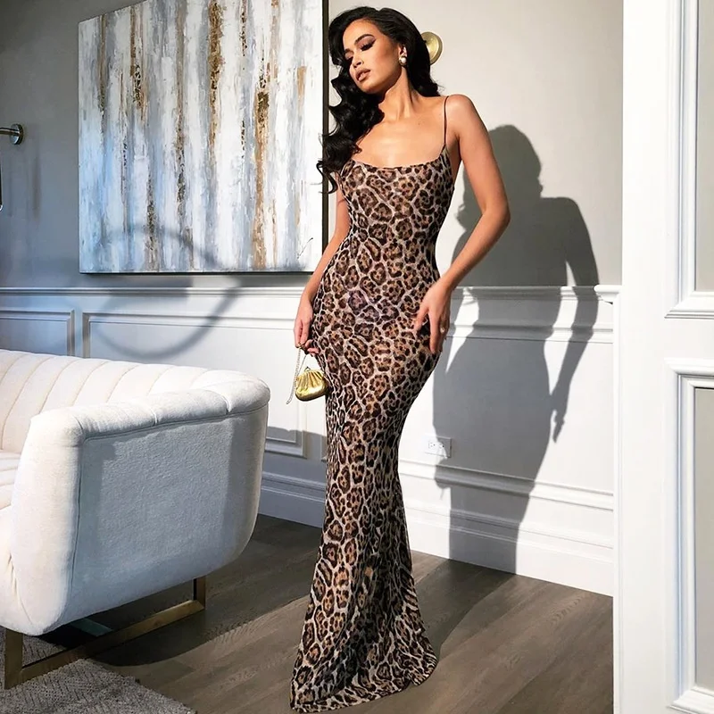 

New Fancy Casual Women Sexy Leopard Print Sexy Spaghetti Strap Dress V Neck Animal Party Night Clubwear Summer Long Dresses