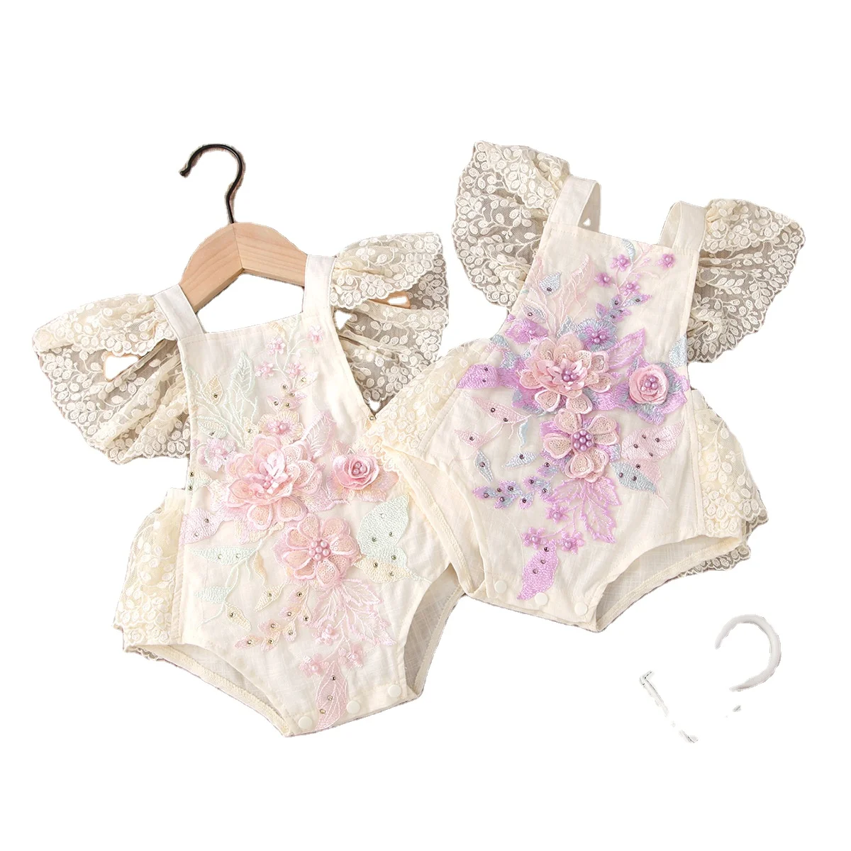 

JX3144 summer new arrival fly sleeve infant newborn baby girls rompers toddler kids jumpsuit lace flower embroidery