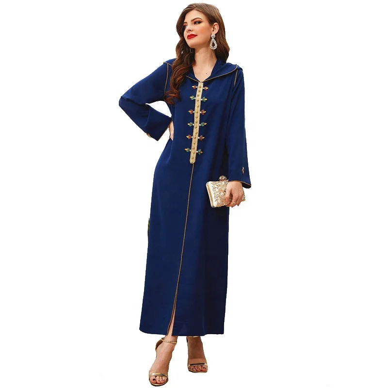 

Fashion Solid Color Women Hand-Stitched Diamond Hooded Abaya Dubai Muslim Long Dress, 1 color