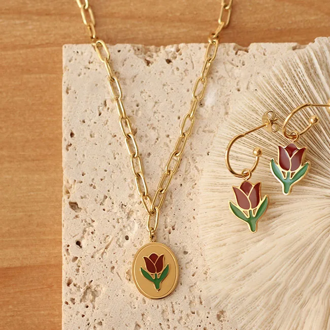

INS hot gold chain oval shaped enamel Flower pendent necklace