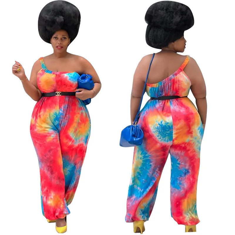 

2021 Spring And Summer Tie-Dye Printing Plus Size Women'S One-Shoulder Sling Jumpsuit