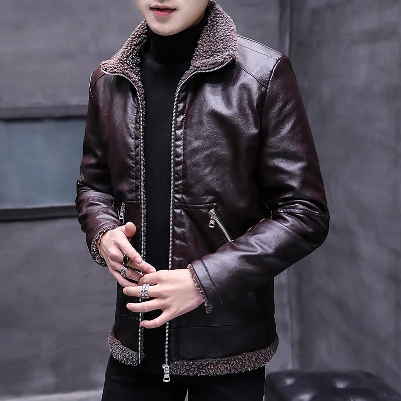 

Autumn Winter Plus Velvet Thick Collar Warm Fit Slim Zipper leather men jacket
