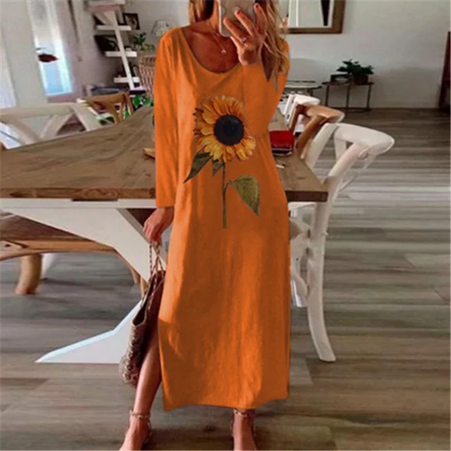 

2021 Spring Newest Long Sleeve Loose Printed Long Dress, Picture color