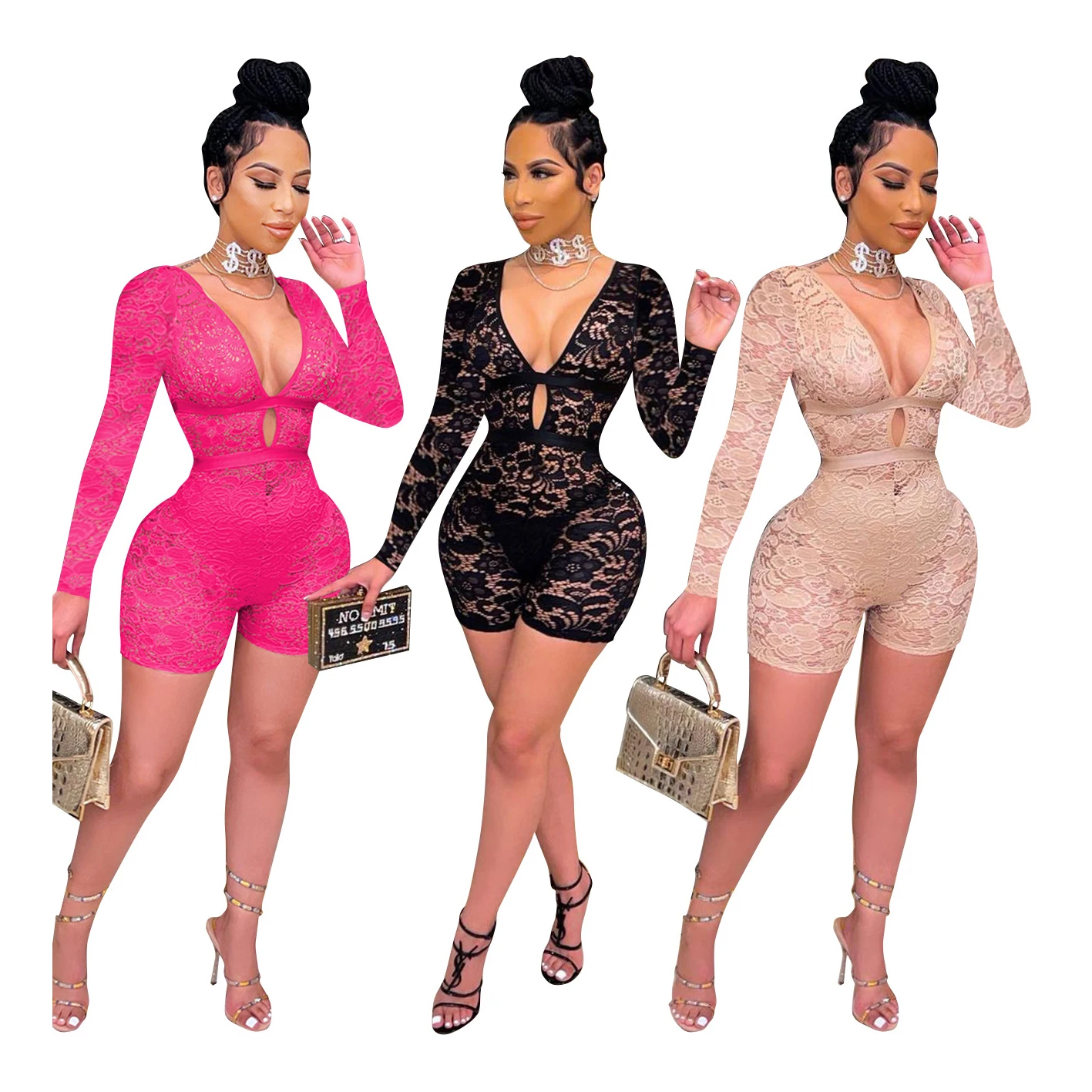 

2021 New Arrivals Trendy Women Casual Romper Off Shoulder Long Sleeve V-neck Vest Sexy Cut Out Lace Up Shorts Jumpsuit, As show