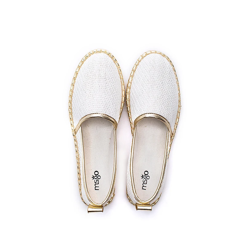 

Stock The best seller 2020 autumn women basic white linen upper gold pu binding comfortable espadrilles flat slip-on shoes