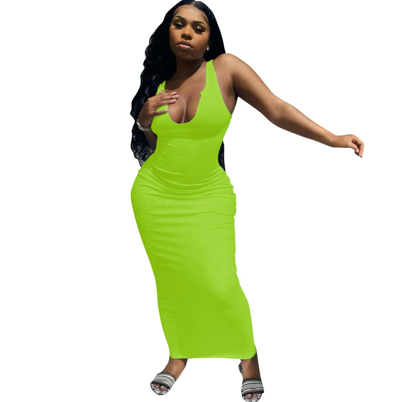 

LW-Q21S812 Long ribbing fabric fitted v neck floor length plain big elastine sexy dress club, As picture or customized make