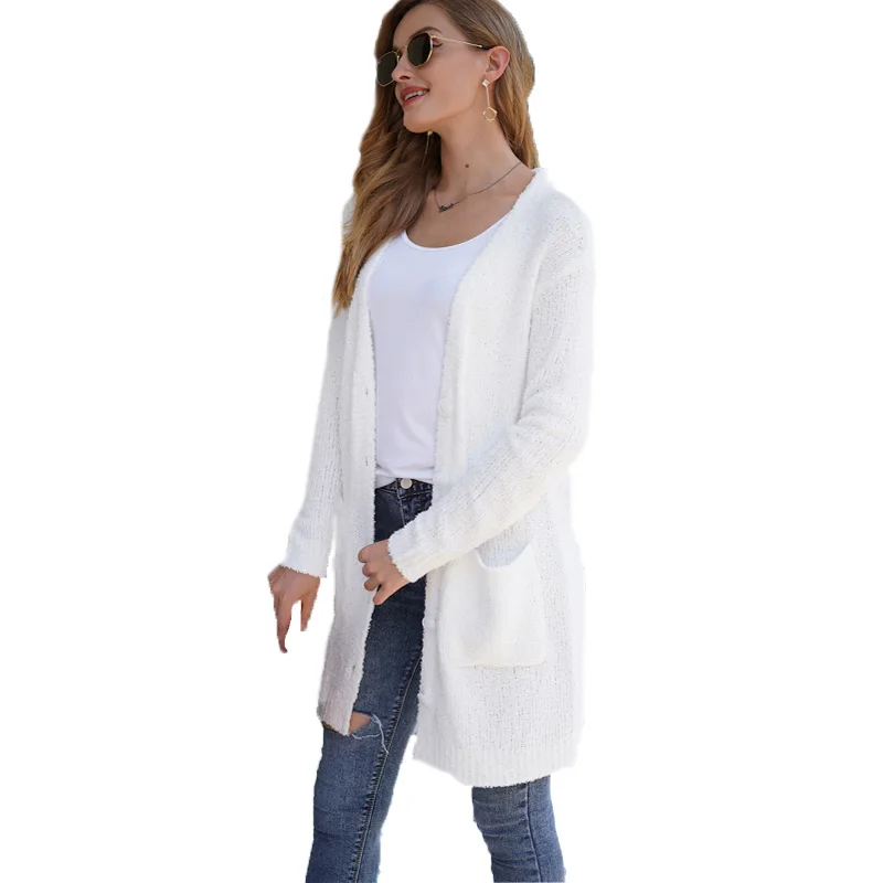 

2021 autumn and winter hot selling new solid color large pocket sweater women's coat knit long cardigan women's sweater