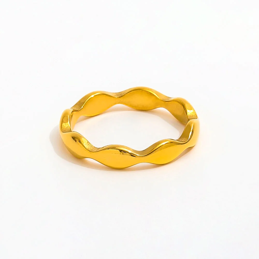 18K Gold Plated Trendy Ring High-End Stainless Steel Elegant Religious Wave-like Eternity Jewelry Tarnish-Free