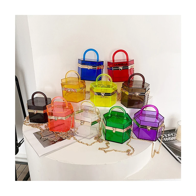 

Hexagon Transparent acrylic clip PVC box Purse mini portable jelly bag lipstick Tote Handbag Female chain shoulder messenger bag