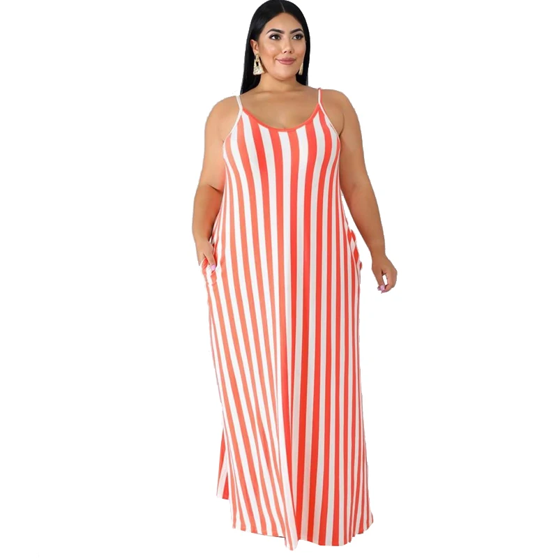 

Summer Europe And America Plus Size Women's Striped Loose Dress With Belt Sling, Pink, apricot, blue, yellow, rose red