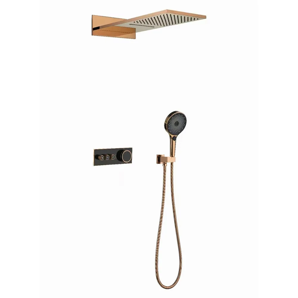 

Rose Gold and Black Thermostatic Shower Set Rainfall Shower Head Shower System