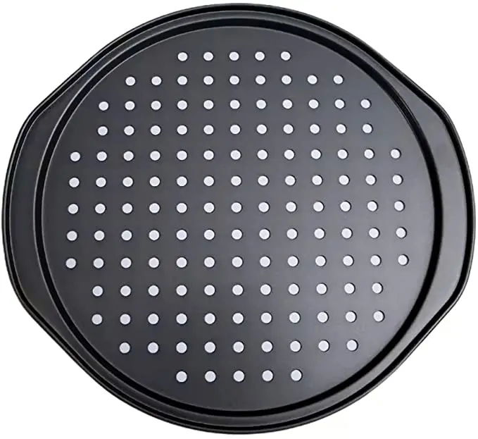 

Carbon Steel Round Mesh Perforated Pizza Tray Pizza Bakeware With Holes Nonstick Coating Pizza Tray, Black